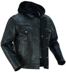 Men's Black Lightweight Drum Dyed  Distressed Lambskin Jacket with Removable Hoodie