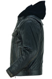 Men's Black Lightweight Drum Dyed  Distressed Lambskin Jacket with Removable Hoodie