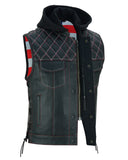 Men's Road Edge Leather Black Vest – Removable Hood