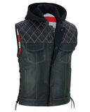 Men's Road Edge Leather Black Vest – Removable Hood
