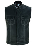 Men's Paisley Black Leather Motorcycle Vest with White Stitching
