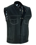 Men's Paisley Black Leather Motorcycle Vest with White Stitching