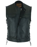 Men's Combat Black motorcycle Leather Vest - Gun Pockets & Side Laces