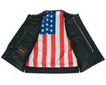 Men's Banded Collar leather Vest with USA Flag Lining & Red Stitching