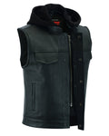 Men's Black Leather Motorcycle Vest with Removable Hood