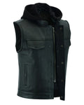 Men's Black Leather Motorcycle Vest with Removable Hood