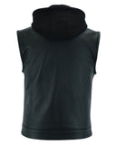 Men's Black Leather Motorcycle Vest with Removable Hood